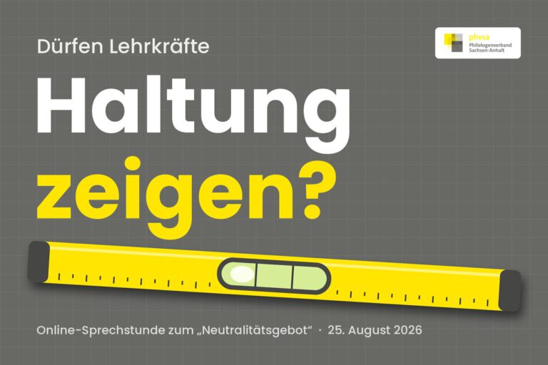 „Dürfen Lehrkräfte Haltung zeigen?“ – über einer leicht schiefen gelben Wasserwaage; Online-Sprechstunde zum Neutralitätsgebot, 25. August 2026